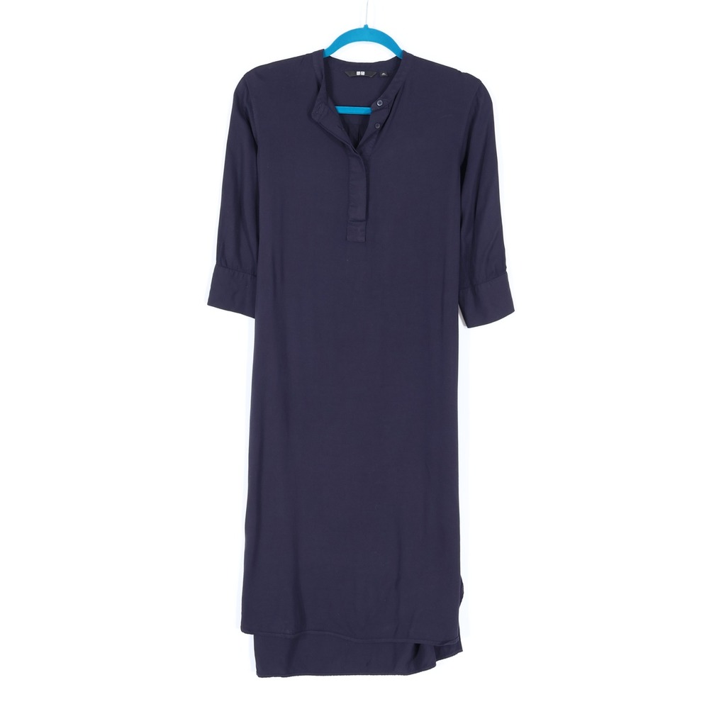 Uniqlo Shirt Dress Women XS Navy Blue Band Collar Pocket Midi Classic Minimalist